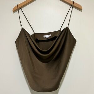 Good American Satin Cowl Cropped Cami Dark Olive Green Brown Size 3 or Large